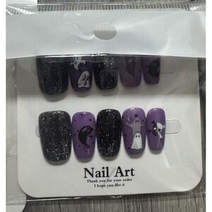 Purple With Black Glitter Press On Nails‎ With Halloween Design
